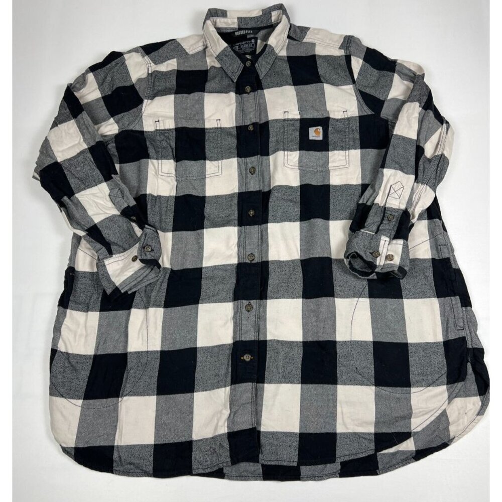 Carhartt Women 3X Rugged Flex Relaxed Fit Black White Buffalo Plaid Shirt